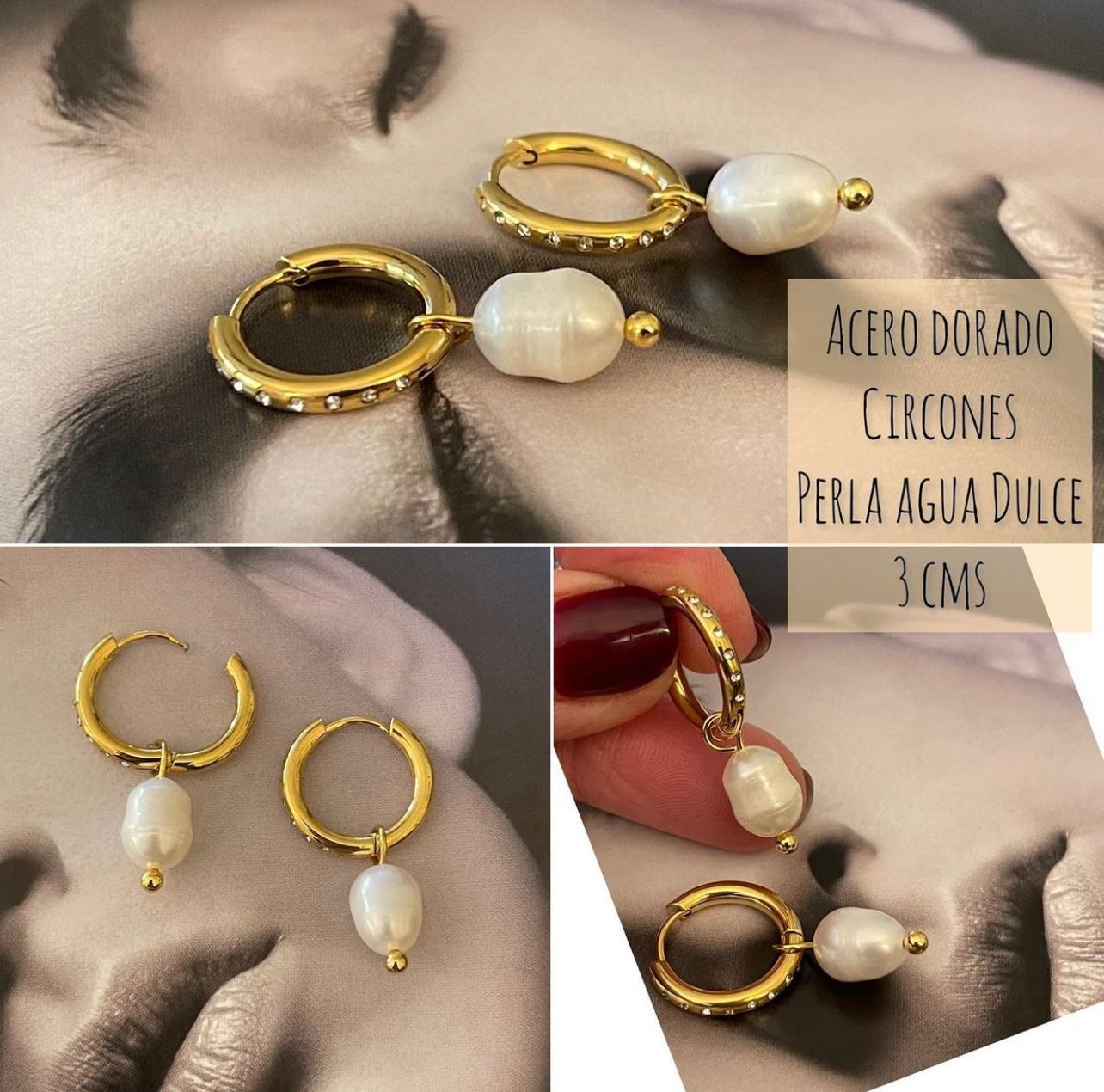 Aros Hippie Chic de acero dorado circones perla agua dulce colgante