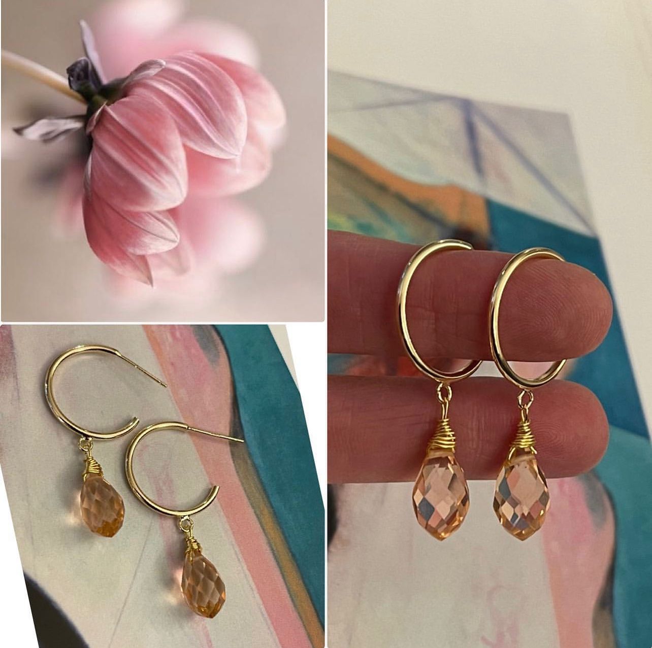 Aros Hippie Chic bañados en oro, colgante cristal rosa