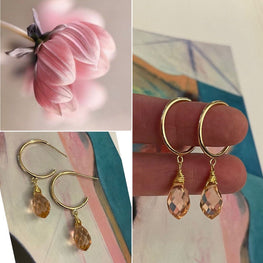 Aros Hippie Chic bañados en oro, colgante cristal rosa