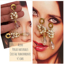 Aros Hippie Chic de acero inoxidable dorado en forma de racimo,  perlas naturales y cristal transparente