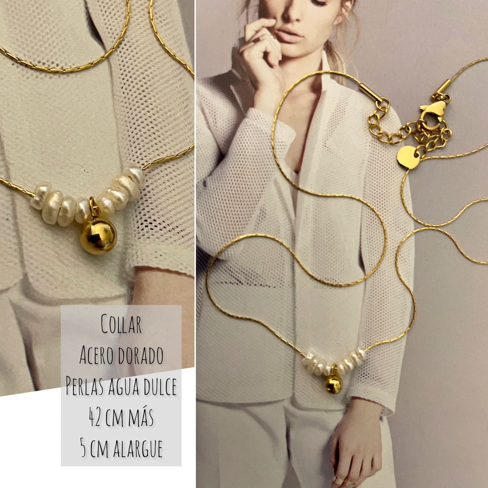 Collar Hippie Chic corto de acero inoxidable dorado y perlas naturales.