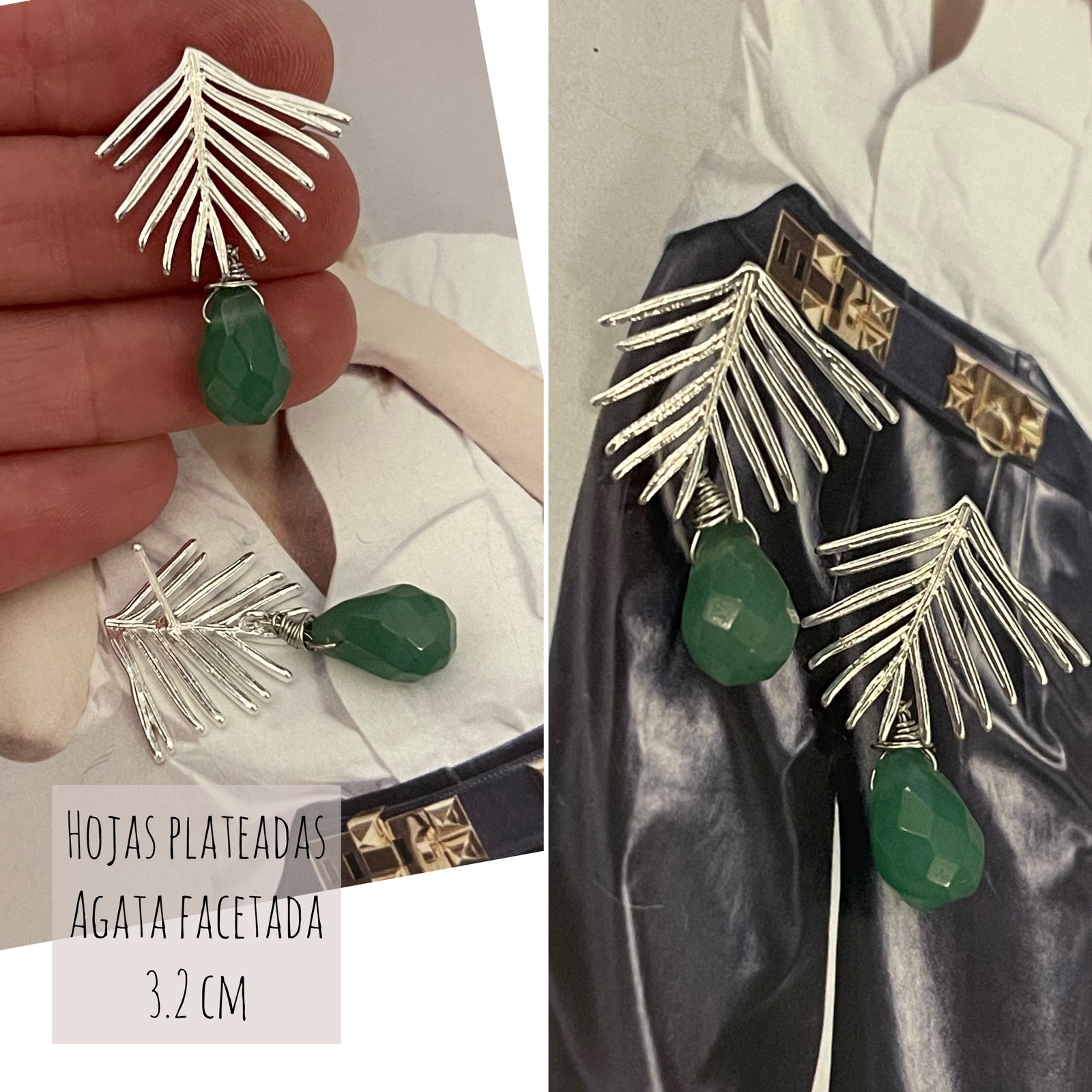 Aros Hippie Chic de hojas plateadas con piedra agata verde facetada