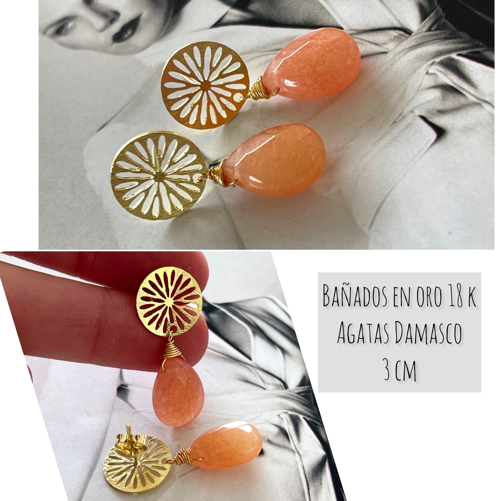 Aros Hippie Chic bañados en oro y piedra agata color damasco