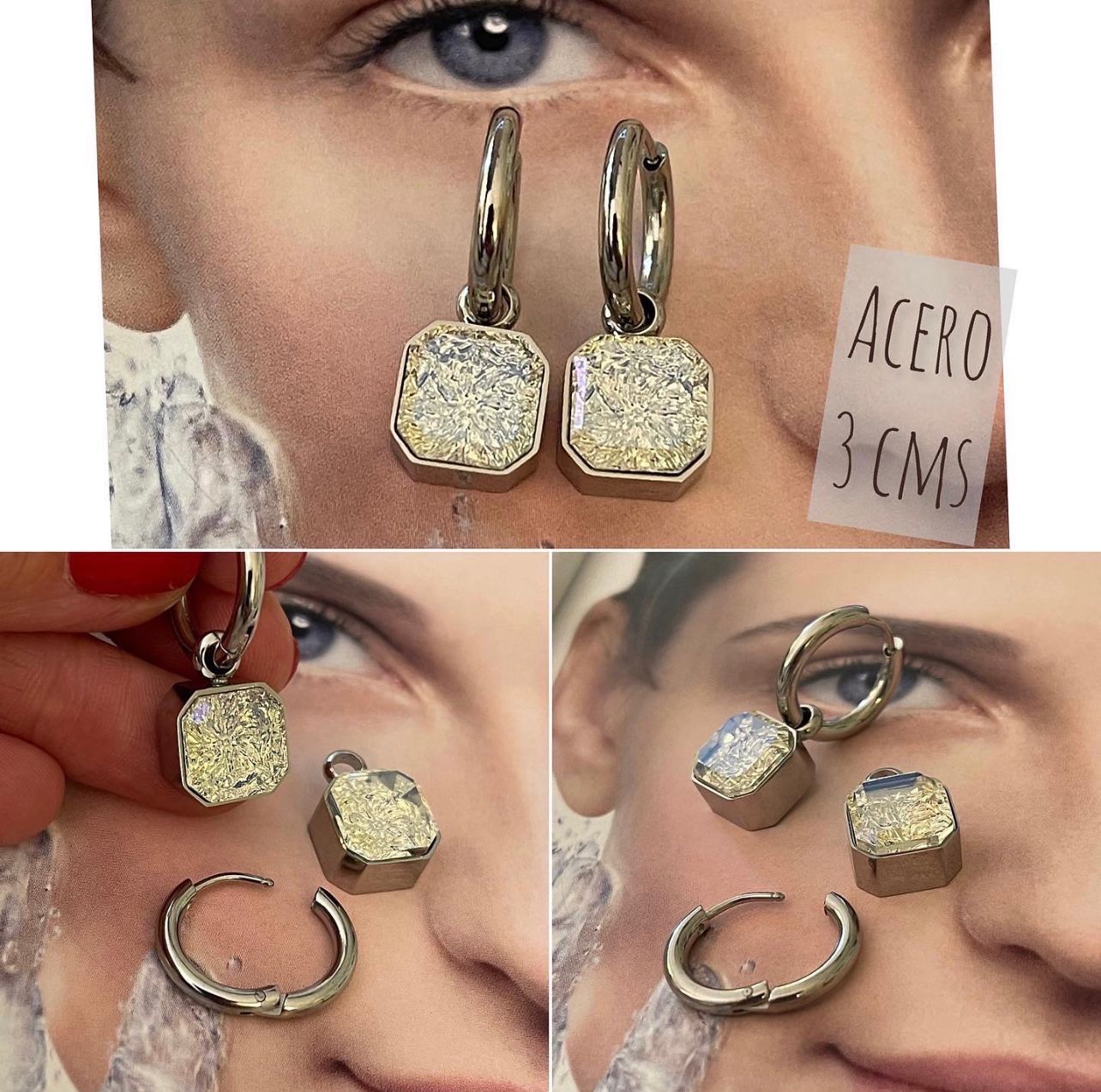 Aros Hippie Chic de acero inoxidable plateado y cristales transparentes.