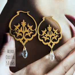 Aros Hippie chic acero dorado flores grandes, cristal facetado transparente