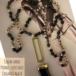 Collar Hippie Chic largo de piedras y cristales anudados tonos negros/beige, colgante cacho de ágata negro