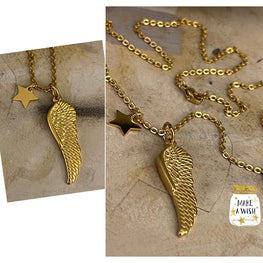 Collar Hippie Chic cadena de acero inoxidable dorado con colgante de ala y estrella