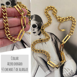 Collar Hippie Chic de acero inoxidable dorado con eslabones rectangulares.