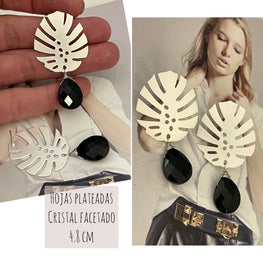 Aros Hippie Chic de hojas de philodendron plateadas y cristal facetado negro