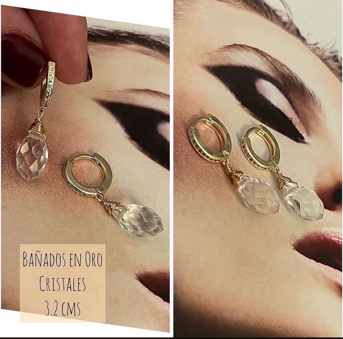 Aros Hippie Chic bañados en oro, argolla con circones y cristal facetado transparente embarrilado