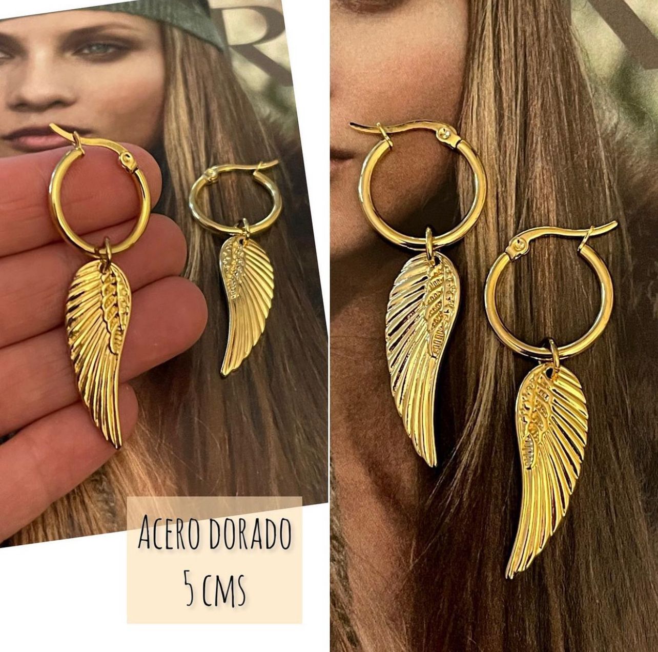 Aros Hippie Chic de acero dorado colgante forma de pluma