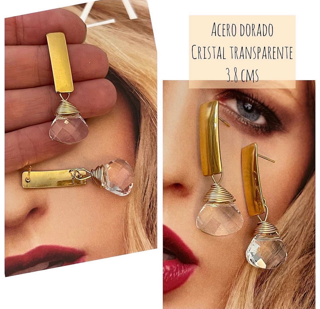 Aros Hippie Chic de acero dorado cristal transparente ancho