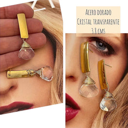 Aros Hippie Chic de acero dorado cristal transparente ancho