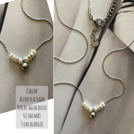 Collar Hippie Chic corto de acero inoxidable plateado y perlas naturales