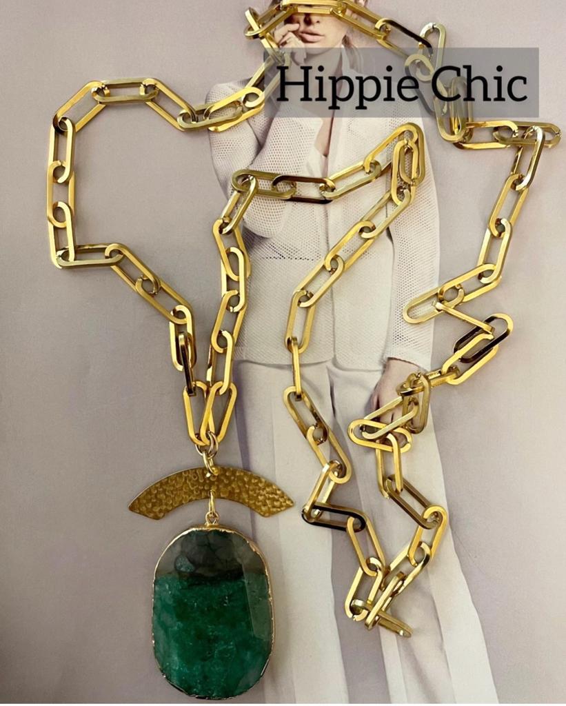 Collar Hippie Chic largo de Cadena de acero inoxidable plateado y colgante Ágata verde