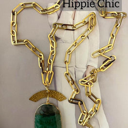 Collar Hippie Chic largo de Cadena de acero inoxidable plateado y colgante Ágata verde