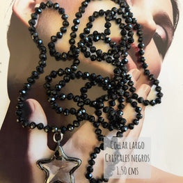 Collar Hippie Chic largo de cristales negros anudados y colgante de estrella de cristal