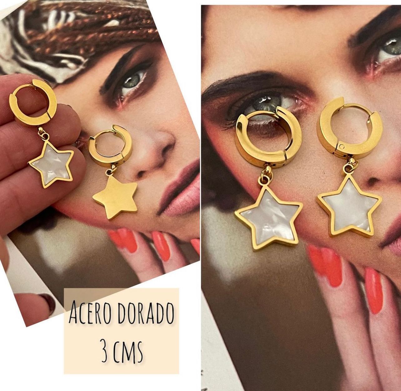 Aros Hippie Chic de acero dorado colgante estrella