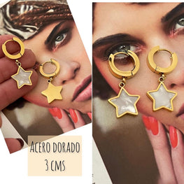 Aros Hippie Chic de acero dorado colgante estrella