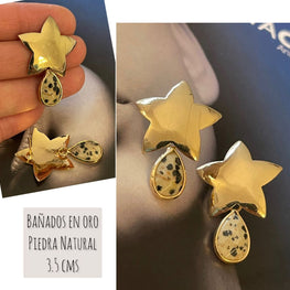 Aros Hippie chic bañados en oro de estrella y piedra Jaspe Dálmata