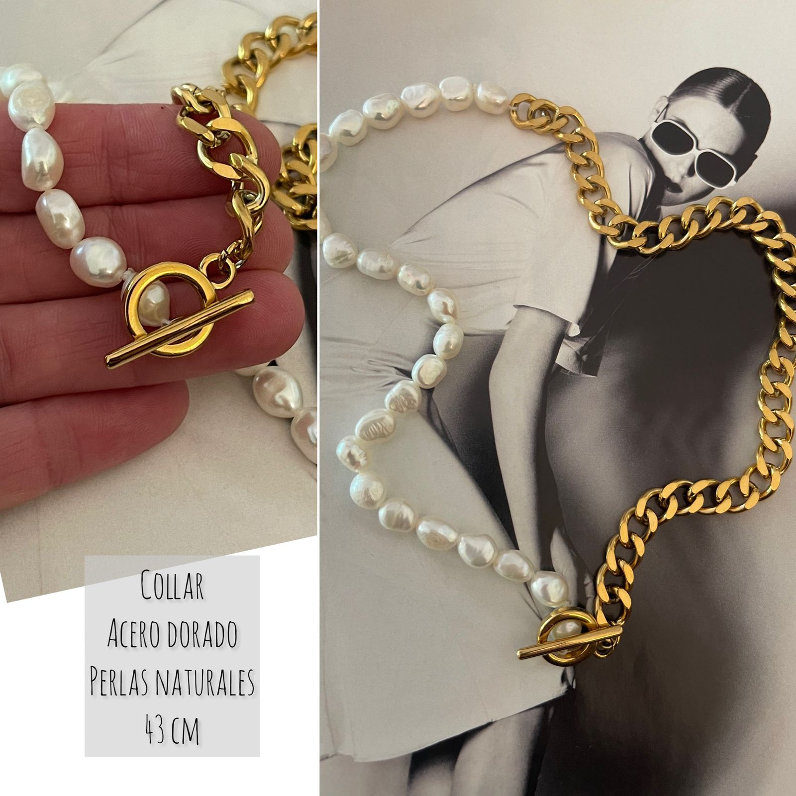 Collar Hippie Chic con cadena tipo cubana de acero inoxidable dorado y perlas naturales