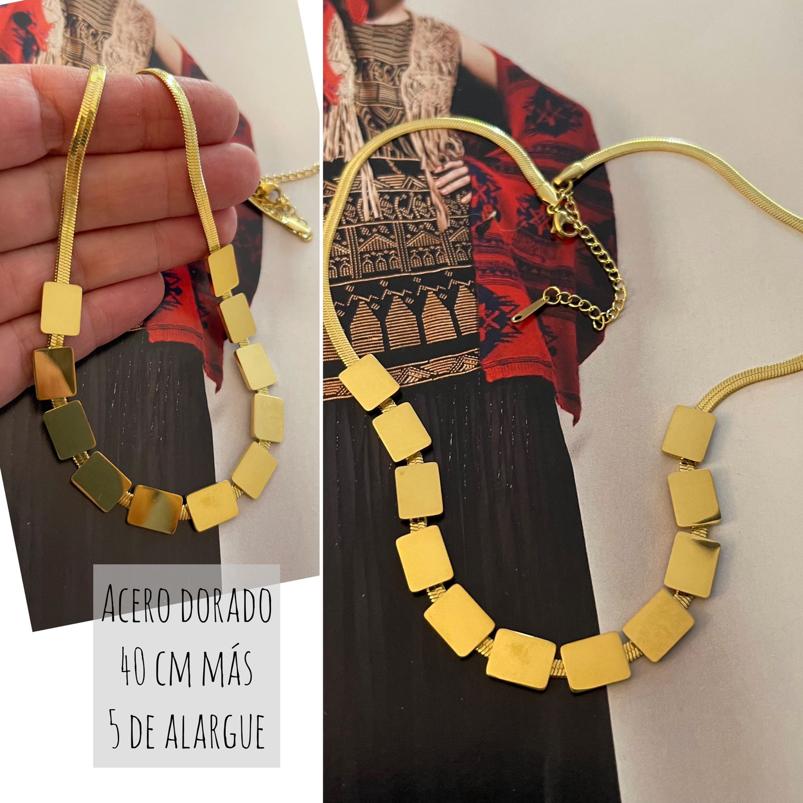 Collar Hippie Chic de acero inoxidable dorado y rectangulos.