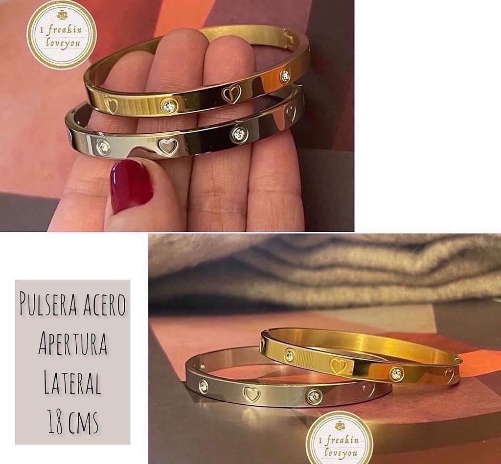 Pulseras Hippie chic de acero inoxidable dorada y plateada con circones y corazones