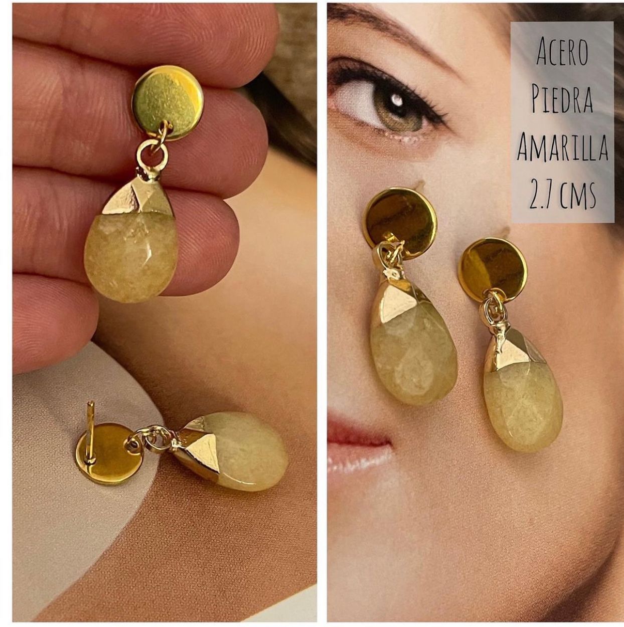 Aros Hippie Chic de acero inoxidable dorado y piedra natural amarilla.