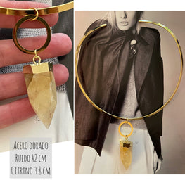 Collar Hippie Chic de acero inoxidable dorado rigido y colgante de piedra Citrino natural.