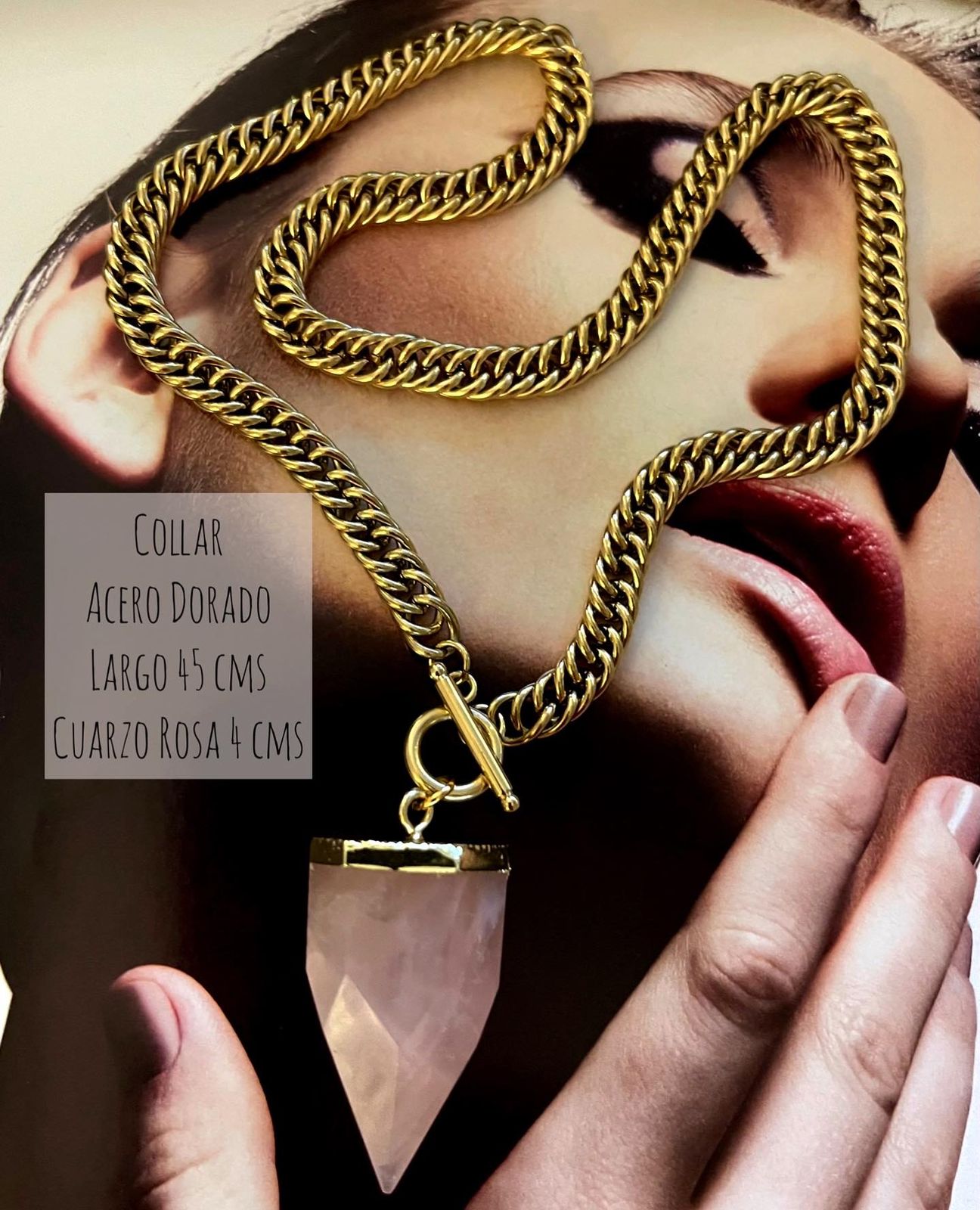 Collar Hippie Chic corto de acero inoxidable dorado con broche OT y cuarzo rosa