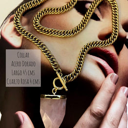 Collar Hippie Chic corto de acero inoxidable dorado con broche OT y cuarzo rosa