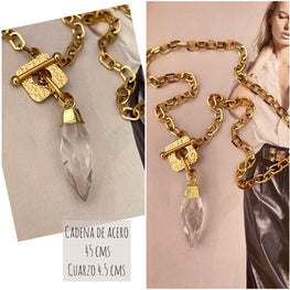 Collar Hippie Chic corto de  acero inoxidable dorado, broche OT y colgante de cuarzo facetado