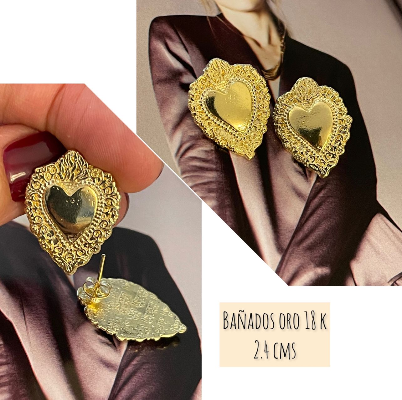 Aros Hippie Chic bañados oro 18 k corazón con marco