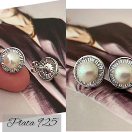 Aros Hippie Chic perla agua dulce base plata 925, forma boton 2