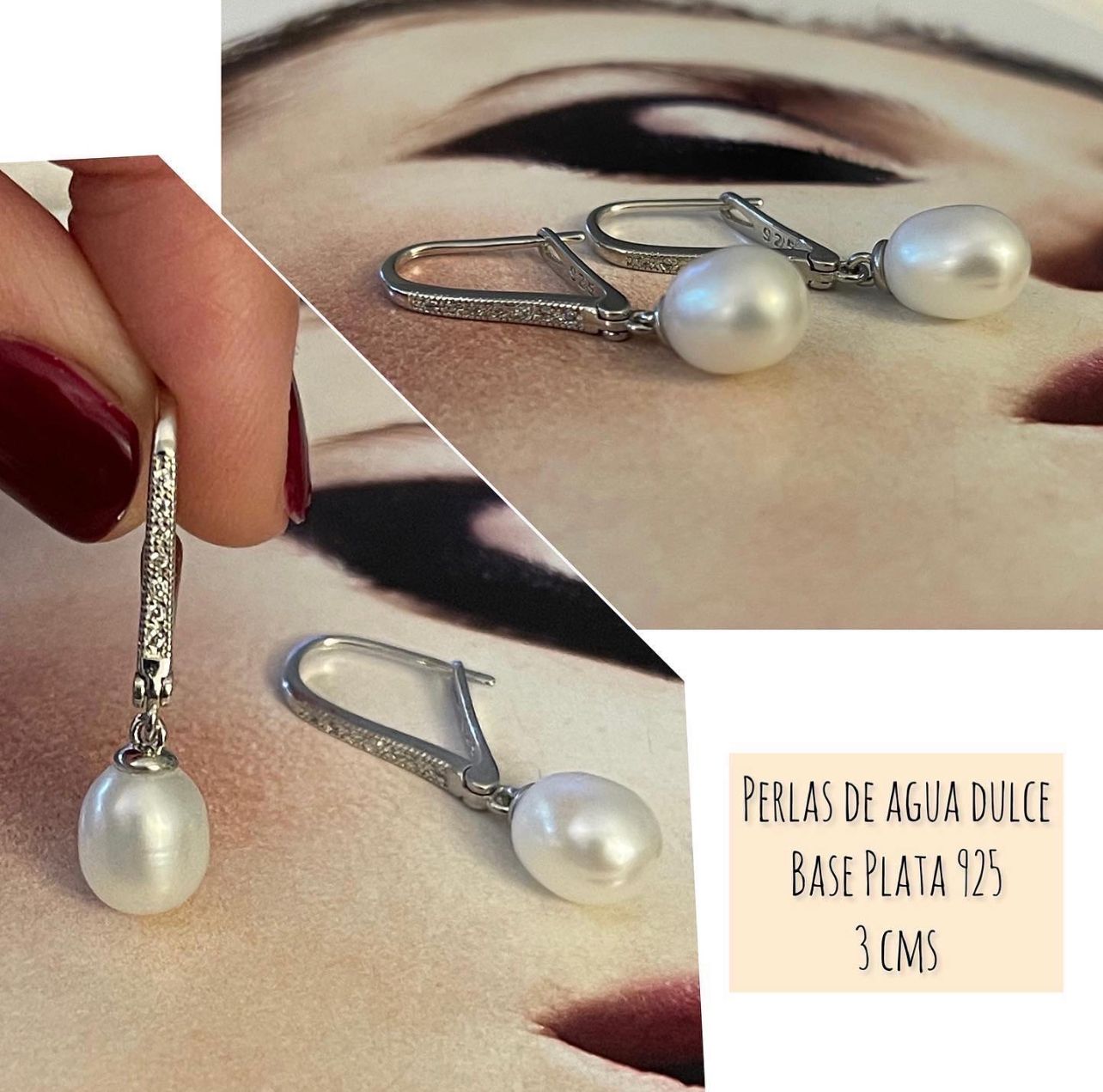 Aros Hippie Chic perlas agua dulce base plata 925, colgante