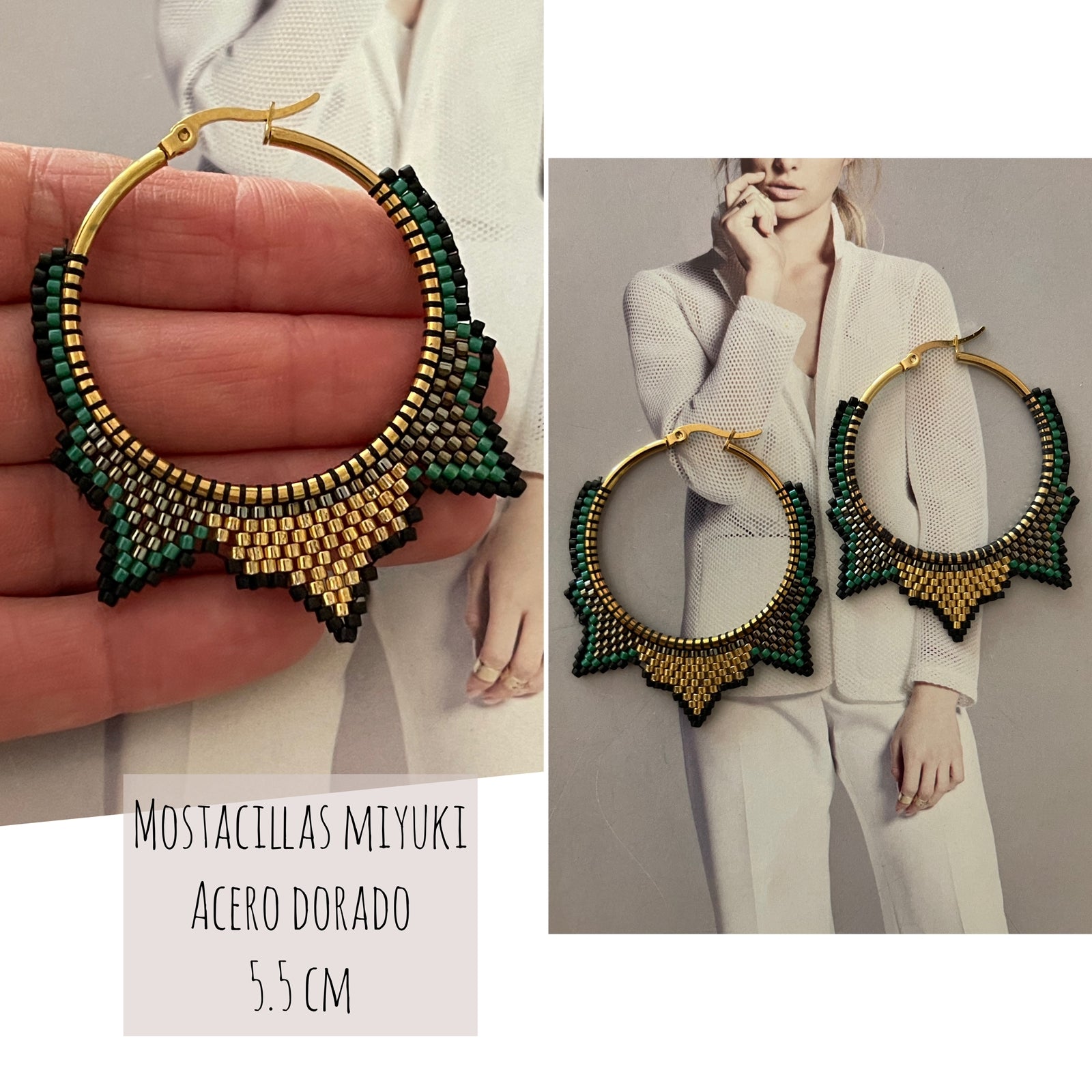 Aros Hippie Chic de mostacilals Miyuki en tonos dorados, verde, negro y acero oscuro. Bse de acero inoxidable dorad