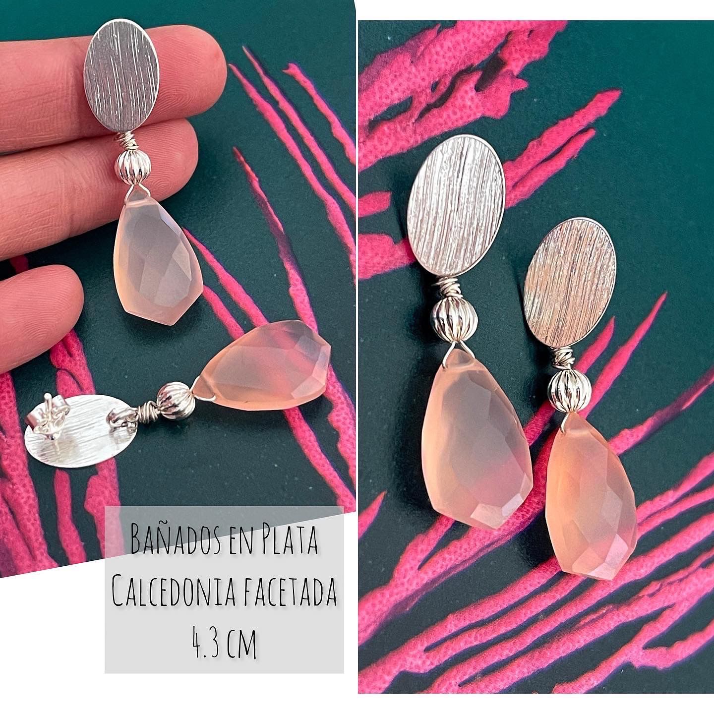 Aros Hippie Chic bañados en plata y calcedonia rosa suave facetada