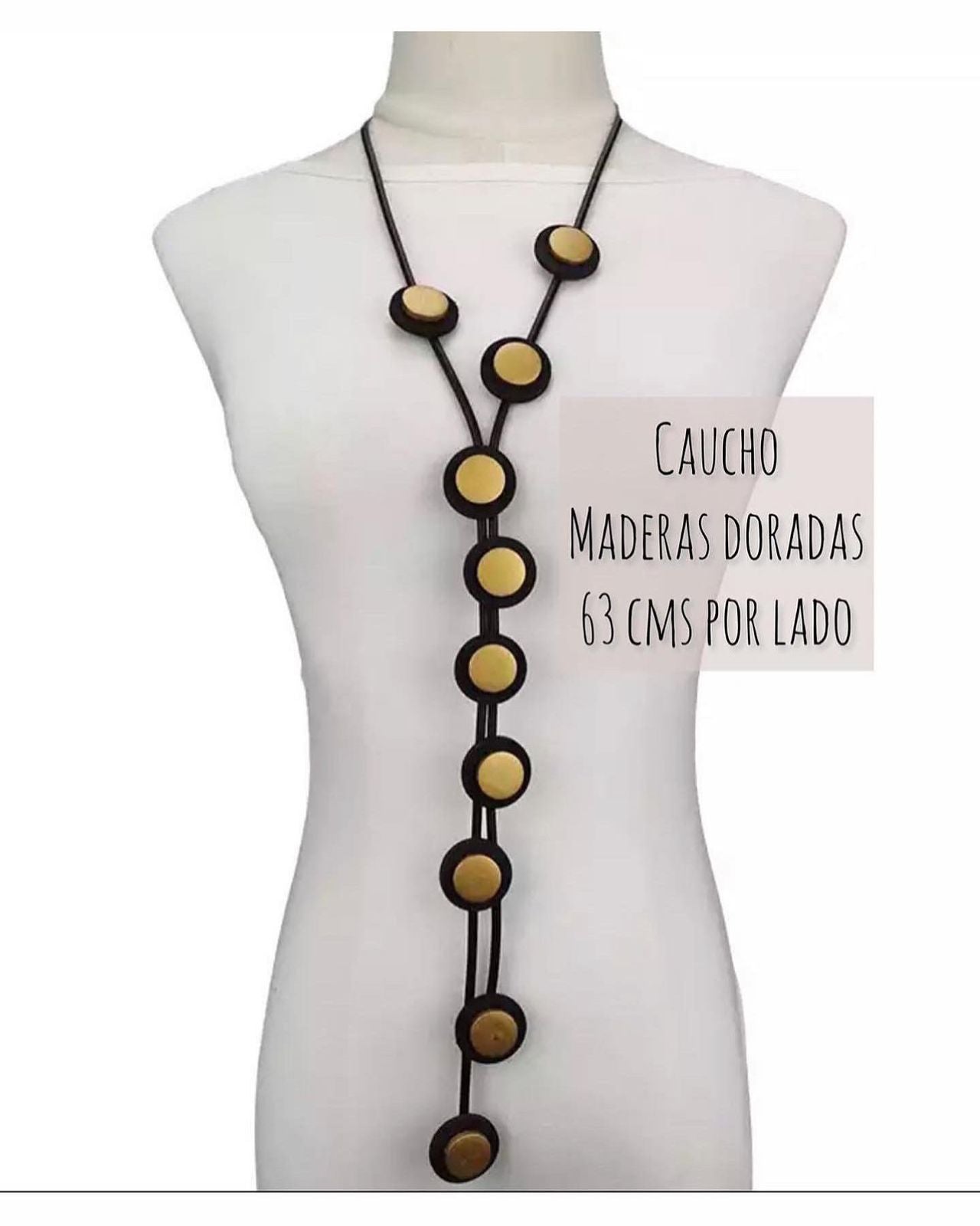 Collar Hippie Chic largo de caucho negro y maderas doradas