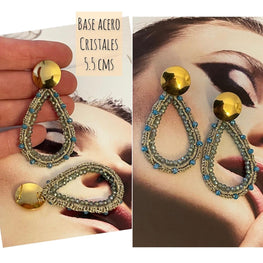 Aros Hippie Chic base acero y cristales color celeste