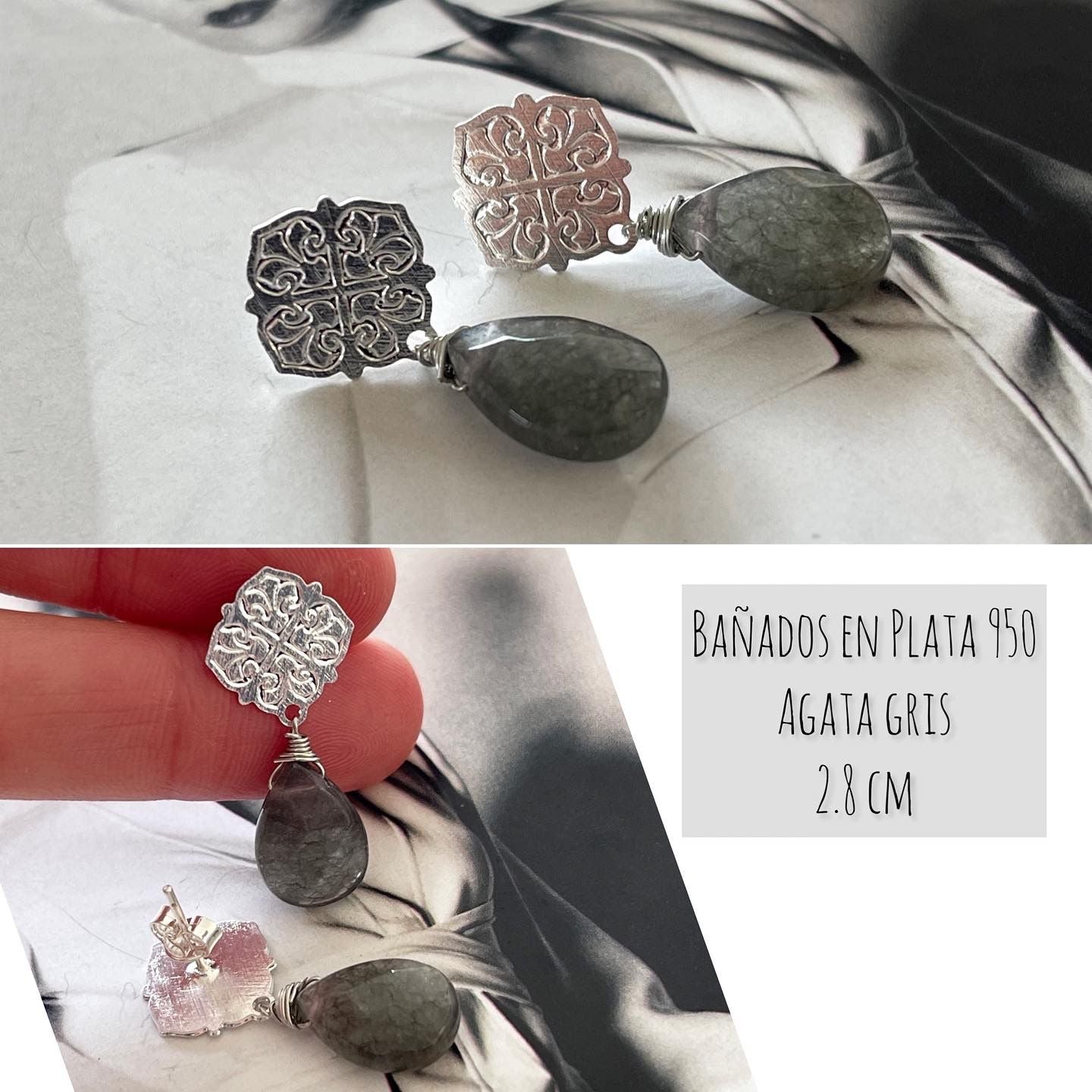 Aros Hippie Chic bañados en plata 950 y piedra agata gris