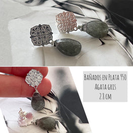 Aros Hippie Chic bañados en plata 950 y piedra agata gris